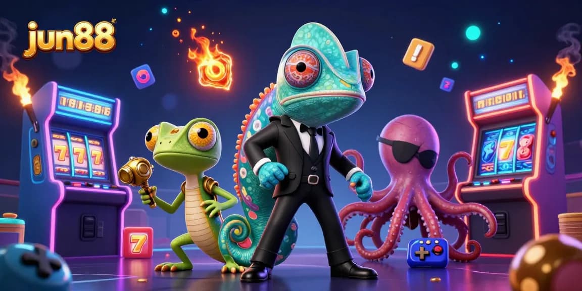 Experience thrilling gaming with jun88's colorful scene of casino elements and vibrant characters.