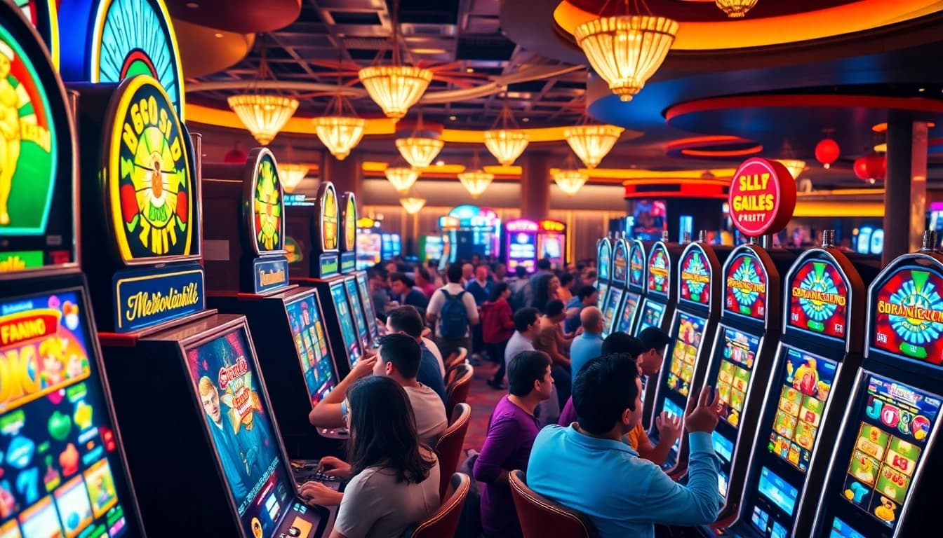 Experience the excitement of slot gambling in a lively casino environment filled with vibrant machines.