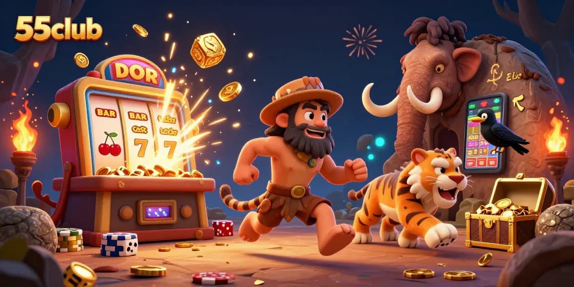 Experience the excitement at 55club with a lively prehistoric casino scene, featuring cartoon characters and dynamic game elements.