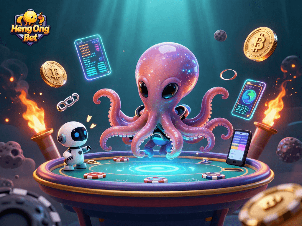Join the action at Heng Ong Bet with a cosmic poker scene featuring an alien octopus and crypto elements.