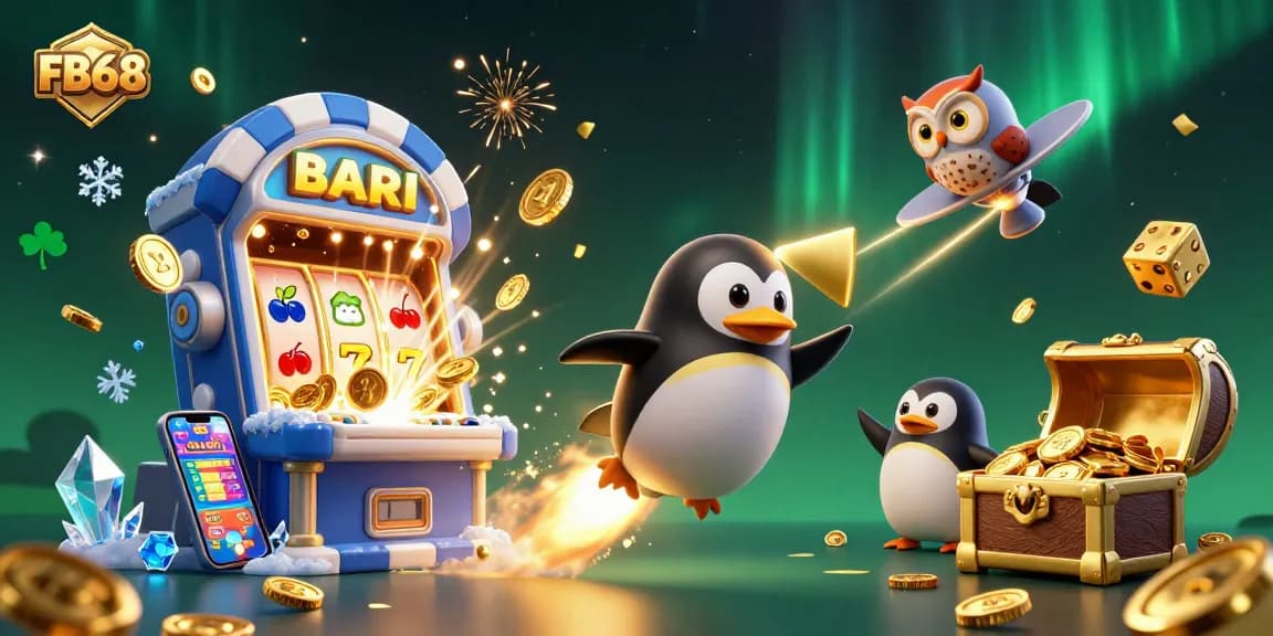 Engage with FB68's vibrant 3D jackpot celebration, featuring exciting slots and casino elements.