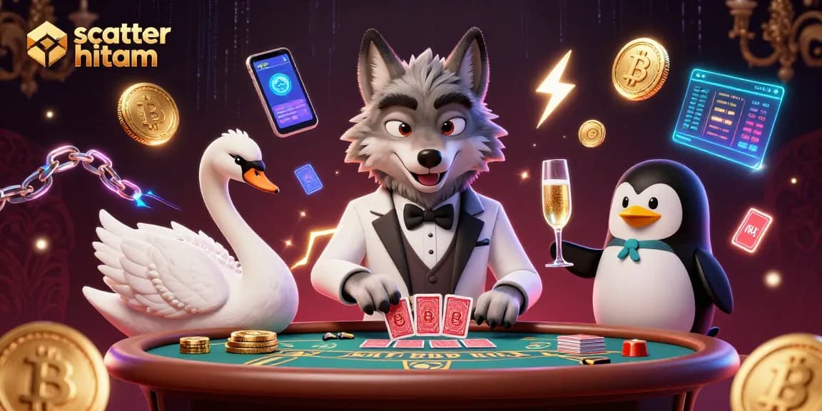 Engage in thrilling action with scatter hitam as a 3D debonair wolf and friends dominate a baccarat table.