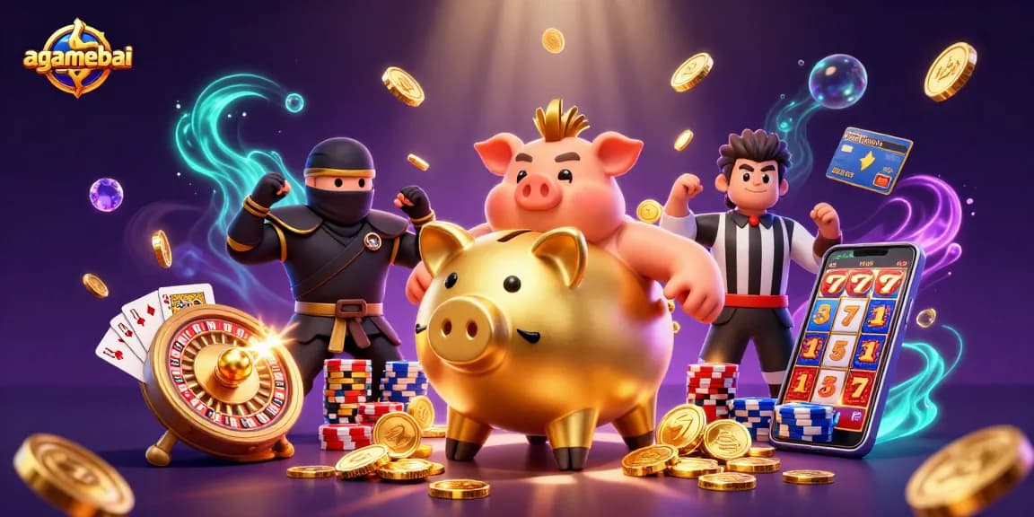 Experience thrilling action at agamebai with a massive piggy bank sumo wrestler and colorful casino elements.