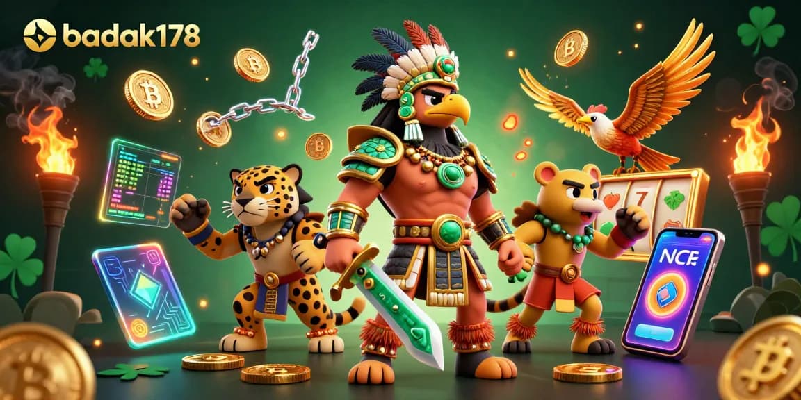 Experience the excitement of badak178 in this vibrant 3D casino illustration featuring Aztec warriors, crypto coins, and slot reels.