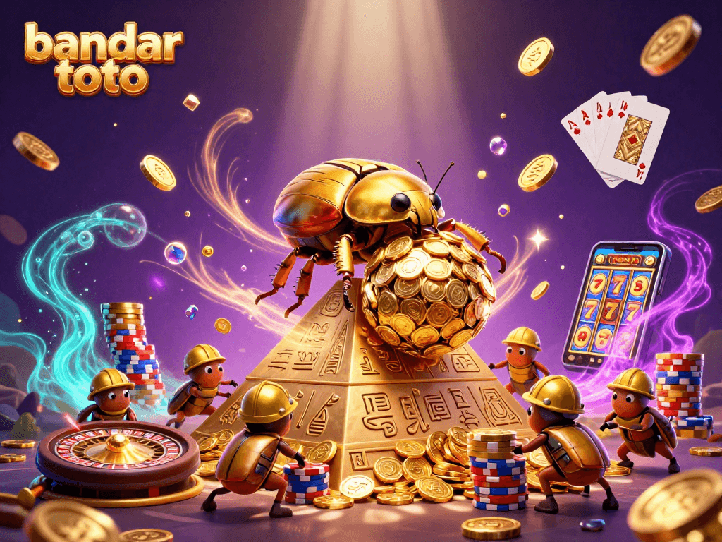 Experience bandar toto with vibrant casino symbols, golden coins, and 3D characters.
