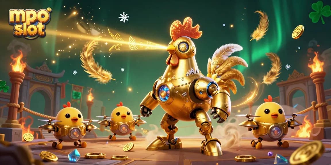 Engage with mpo slot in a vibrant 3D cartoon illustration featuring a golden robot and baby chick drones.