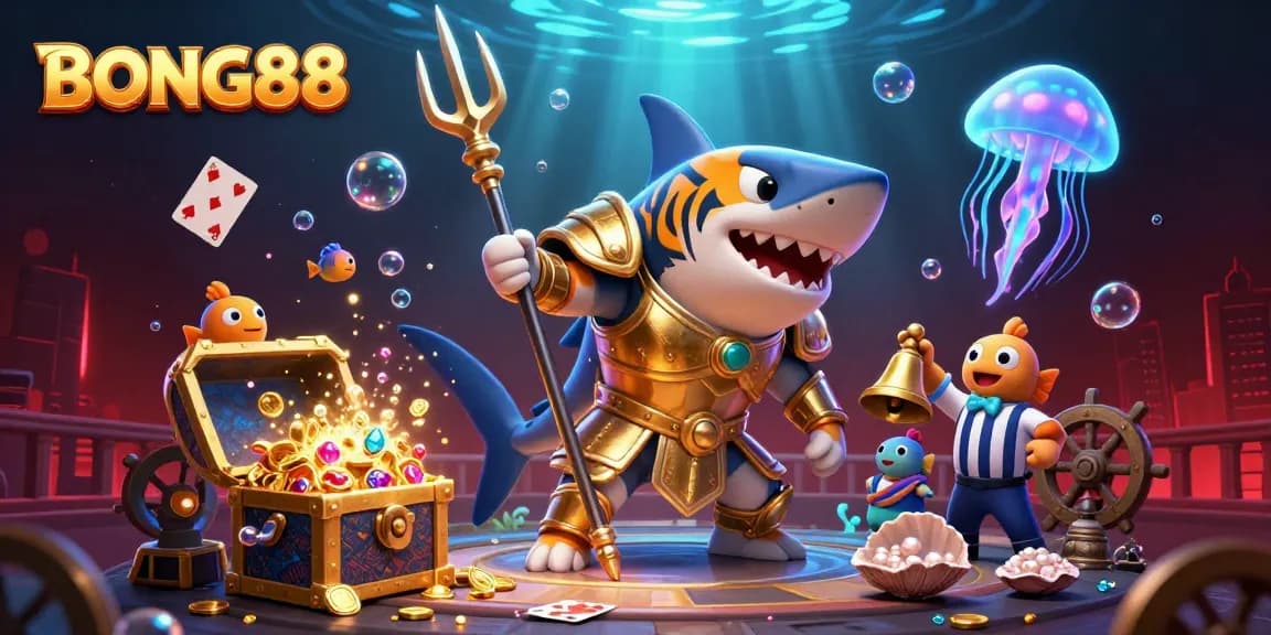 BONG88 showcases a thrilling underwater gambling scene with a shark gladiator, treasure, and vibrant sea life.
