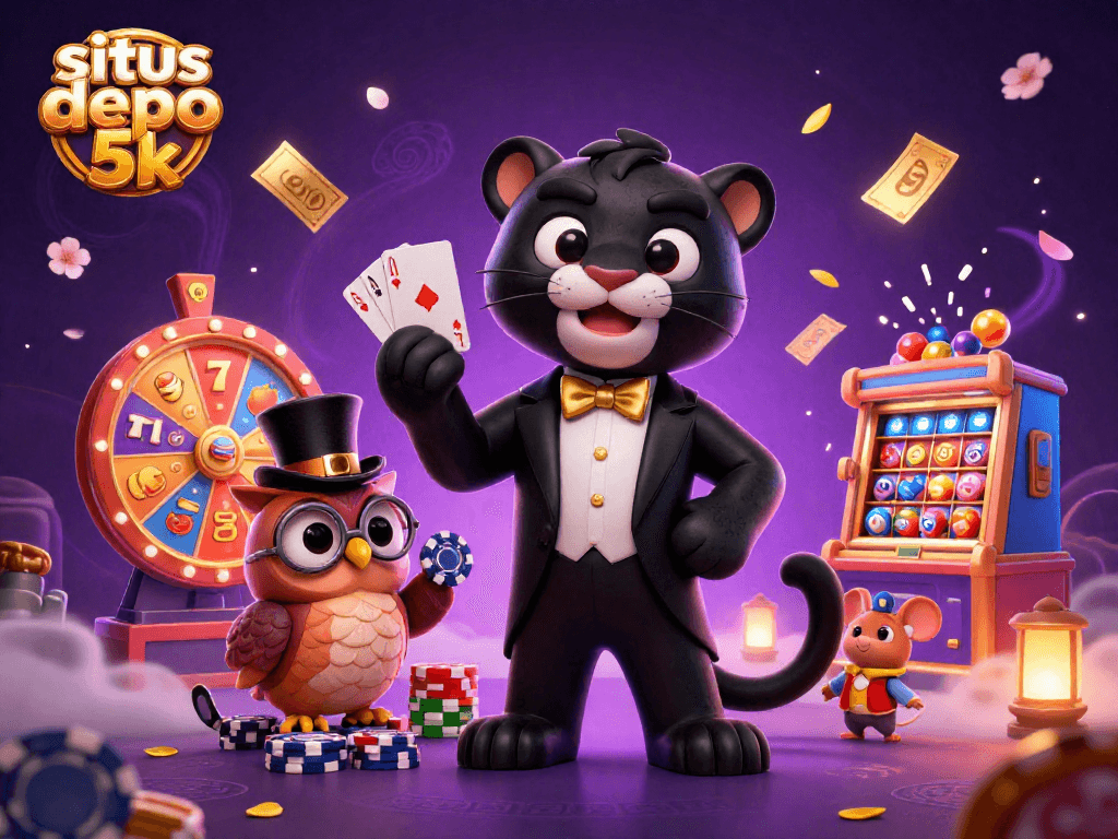 situs depo 5k showcases the black panther dealing cards at a lively casino with vibrant slot reels
