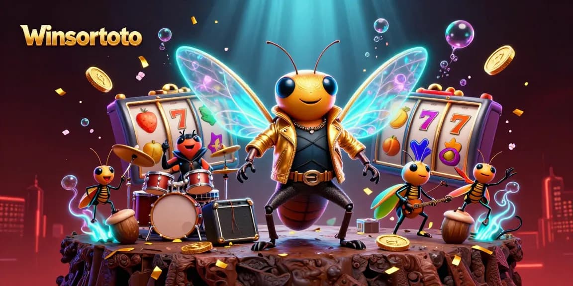 Menggambar cicada rock star dan drummer yang merayakan kemenangan di winsortoto dengan simbol slot yang memukau.