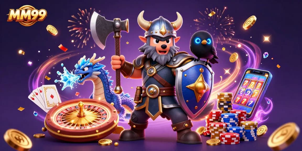 Engage with MM99 as the Viking wolf warrior battles alongside an ice-breathing dragon in a dynamic casino scene.