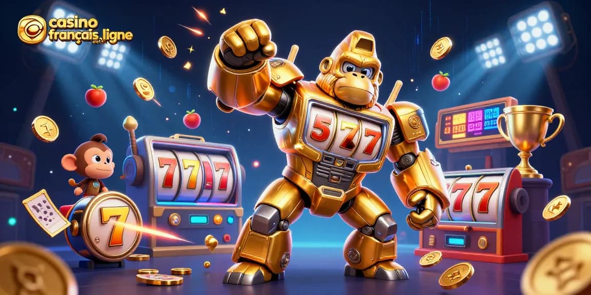 Les jeux en ligne sont plus divertissants avec casino français en ligne, illustrés par un gorille mech doré avec des éléments de machine à sous.