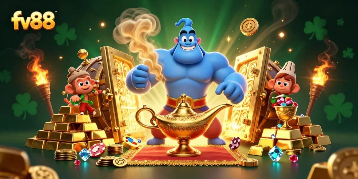 Experience the thrill of fv88 with a magical scene featuring a genie and poker elements amidst treasures.