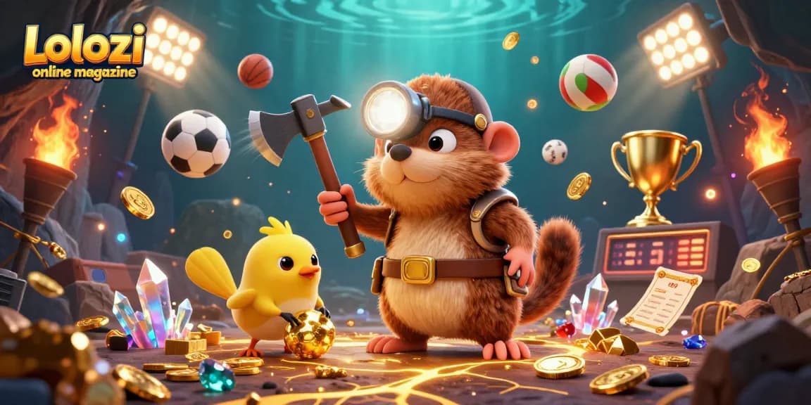 Lolozi online magazine showcases a vibrant 3D illustration of a treasure hunter mole amidst a dynamic sports and gambling scene.
