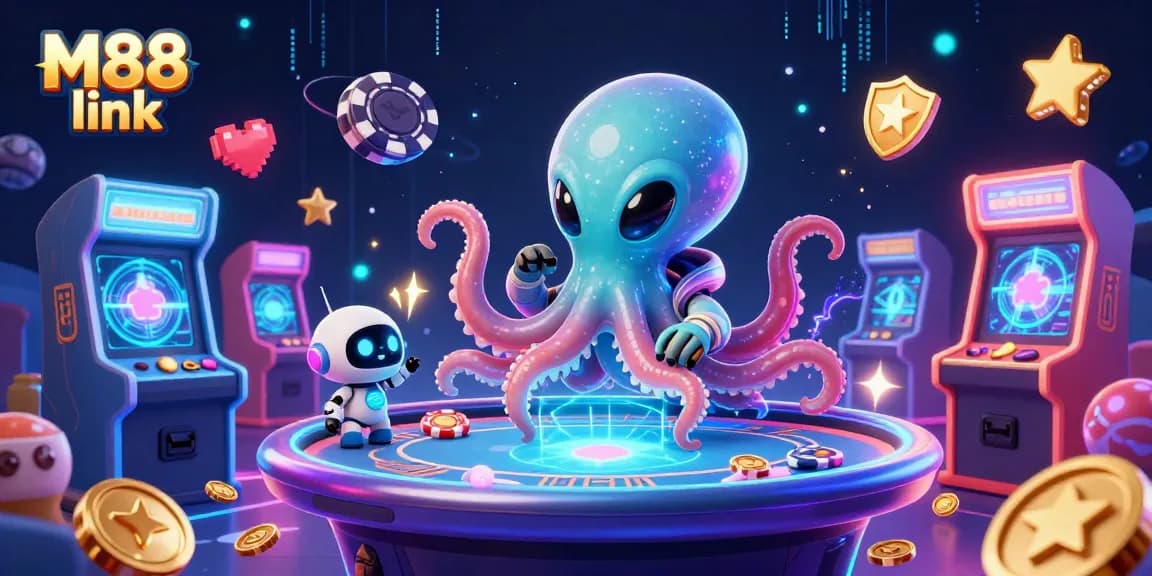 Engage with the M88 link, featuring a vibrant 3D octopus at a holographic poker table.
