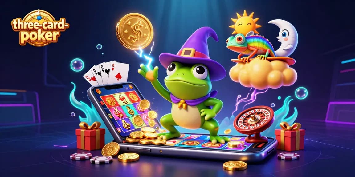 Experience three-card-poker with lightning effects and golden coins in a vibrant illustration