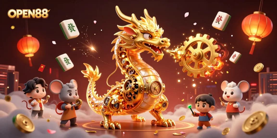 Join the thrilling adventure with OPEN88, featuring a golden dragon and vibrant casino elements.