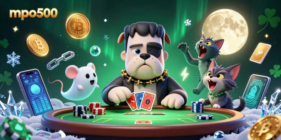 Engage in thrilling poker with mpo500 featuring a bulldog dealer, ghost mouse, and werewolf kitten amidst crypto elements.