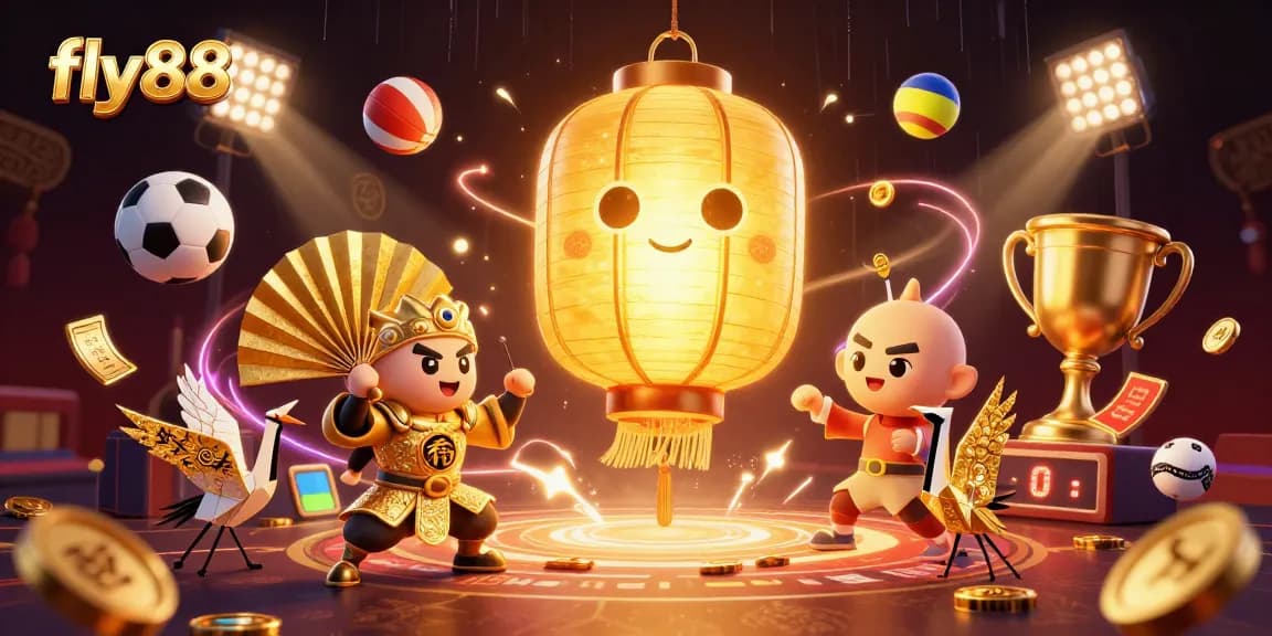 Fly88 showcases a vibrant gaming experience with golden lantern spirit and dynamic sports elements.
