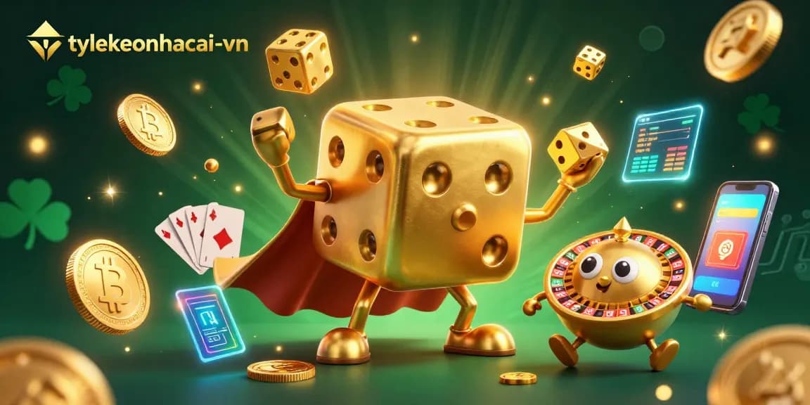 Engage with fun gaming at tylekeonhacai-vn amid vibrant gold dice and cryptocurrency coins.