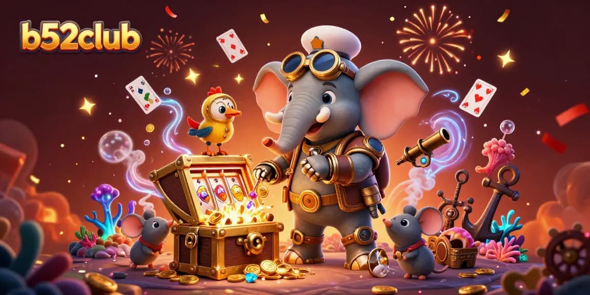 Spin the golden slot machine at b52club, surrounded by festive elements and treasure.