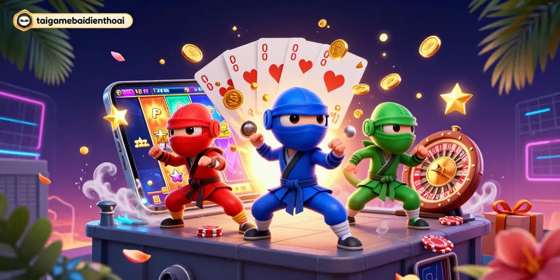 Experience the thrill of taigamebaidienthoai with a vibrant 3D casino scene featuring ninja chameleons.