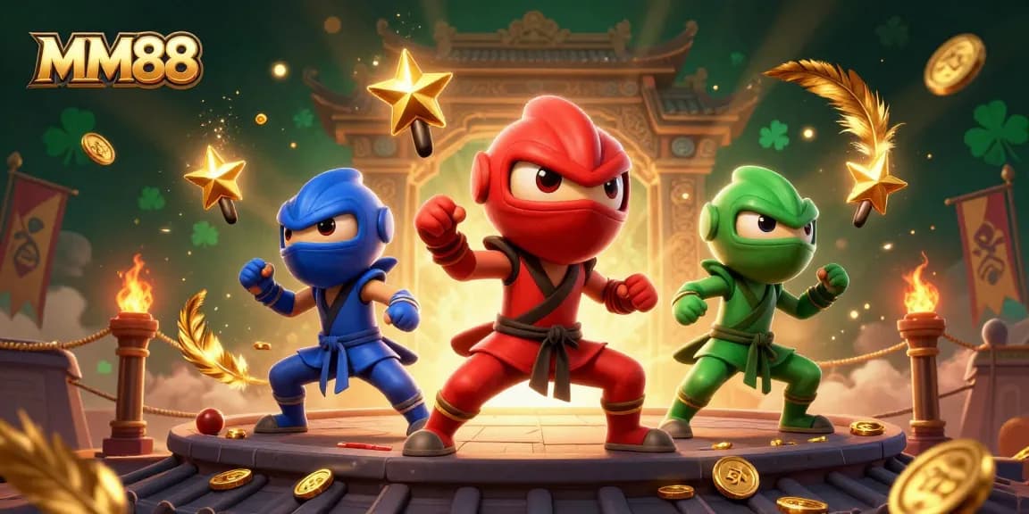 Experience thrilling MM88 game action with vibrant chameleon ninjas amidst a lavish casino backdrop.