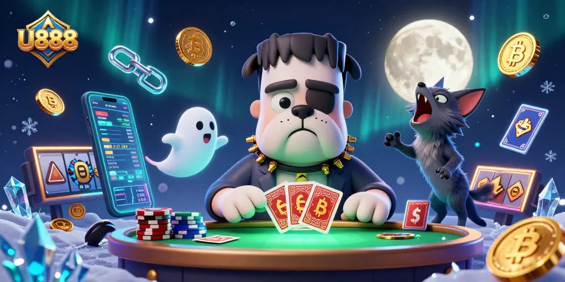 U888 engaging in thrilling card games with animated characters at a vibrant casino table.