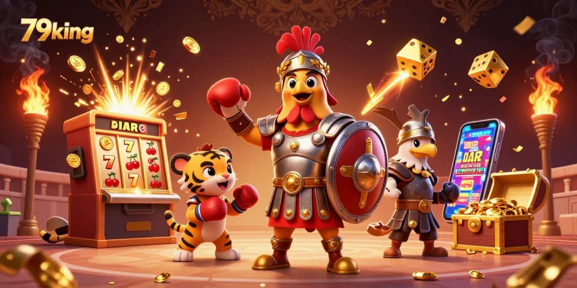 Engage with exhilarating games at 79king, featuring a rooster gladiator amidst a jackpot explosion.