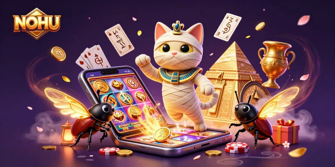NOHU offers fun with a vibrant scene of an Egyptian mummy cat casino adventure, mixing excitement and slot games.