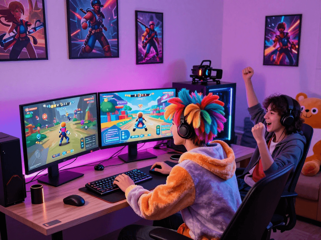 Femboy porn games character in action within a vibrant gaming setup.