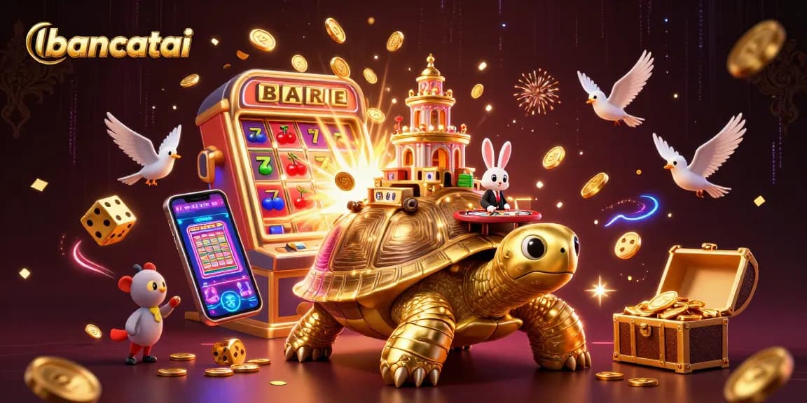Experience a vibrant gaming scene with bancatai's 3D tortoise casino, bursting with excitement and winnings.