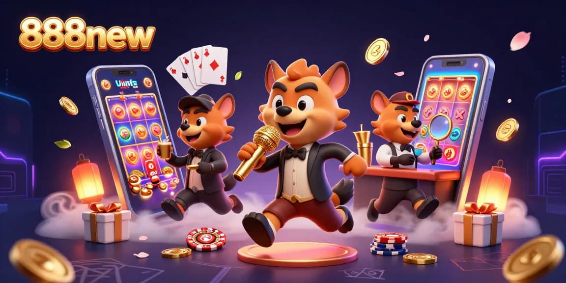 Experience the thrill of 888new with cartoon hyenas in a vibrant casino scene, featuring games and excitement.
