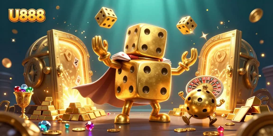 Experience U888's exciting casino atmosphere with dynamic characters and golden treasures
