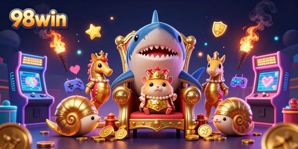 Engage in thrilling gameplay at 98win with a vibrant 3D casino scene showcasing a golden hamster king.