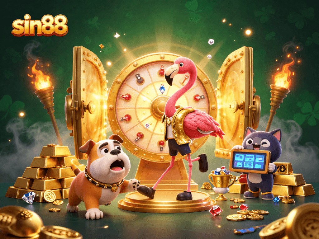Experience the thrilling action at sin88 with cartoon characters winning prizes in a vibrant casino scene.