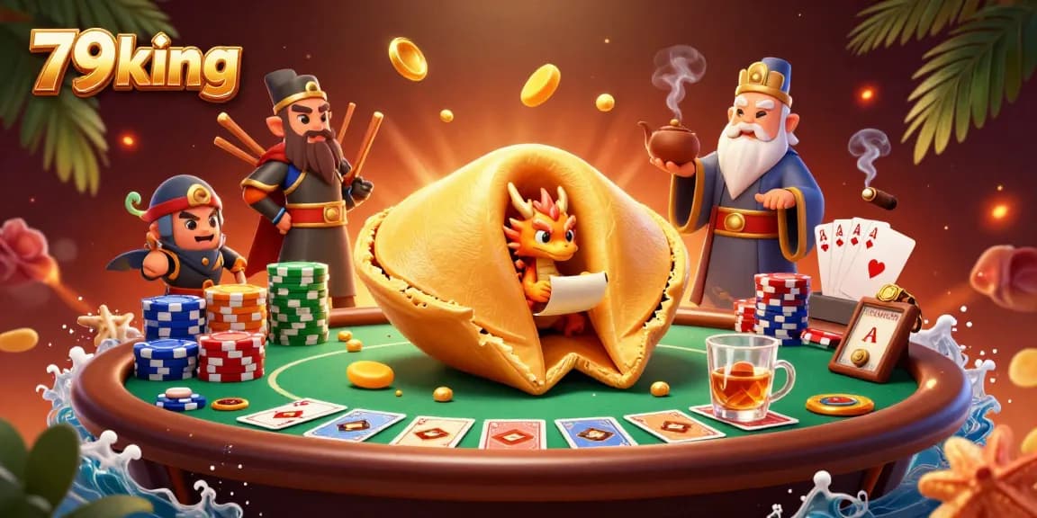 Engage with 79king's vibrant casino scene featuring a golden fortune cookie, poker elements, and dynamic characters.