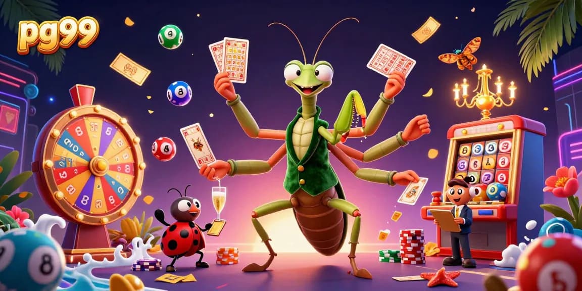 pg99 features a lively casino scene with a cartoon mantis dealer and dynamic gaming elements.
