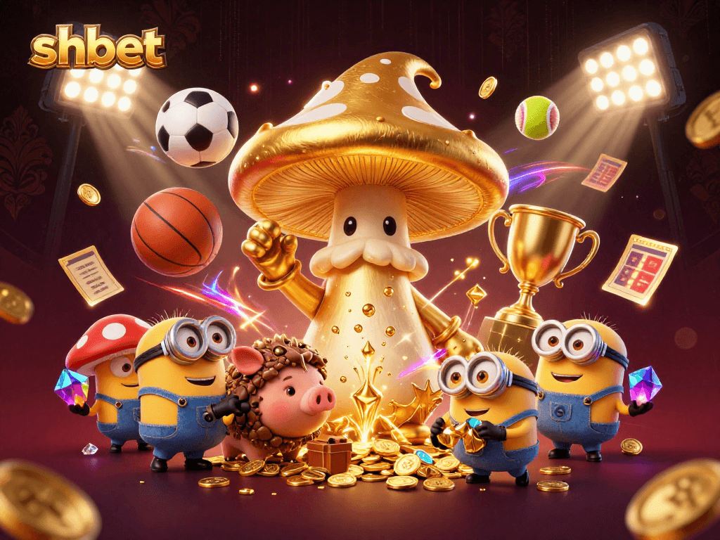 Join the excitement with shbet in a vibrant casino-themed fantasy illustration showcasing dynamic sports betting.