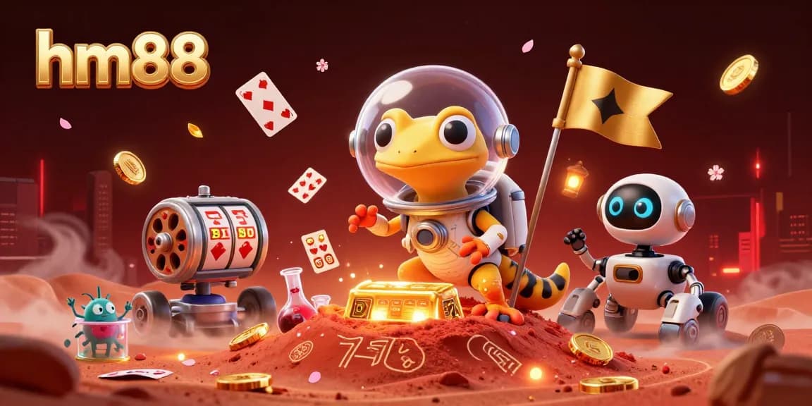 Play exciting games at hm88 with vibrant 3D illustration showcasing a Martian gecko discovering a casino.