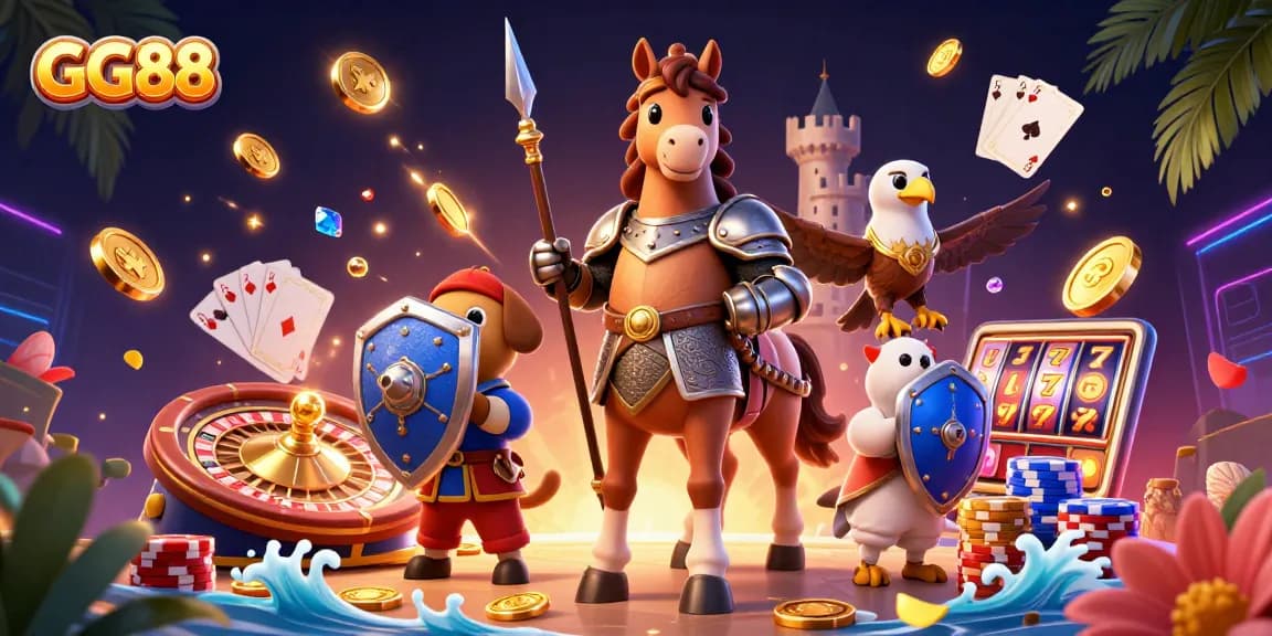 Win big with GG88, a lively casino scene showcasing vibrant 3D characters and exciting game elements.