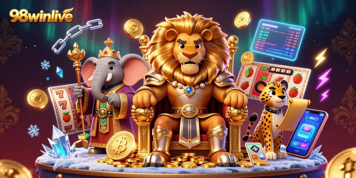 Play slots and win jackpots at 98winlive with vibrant characters and neon elements!