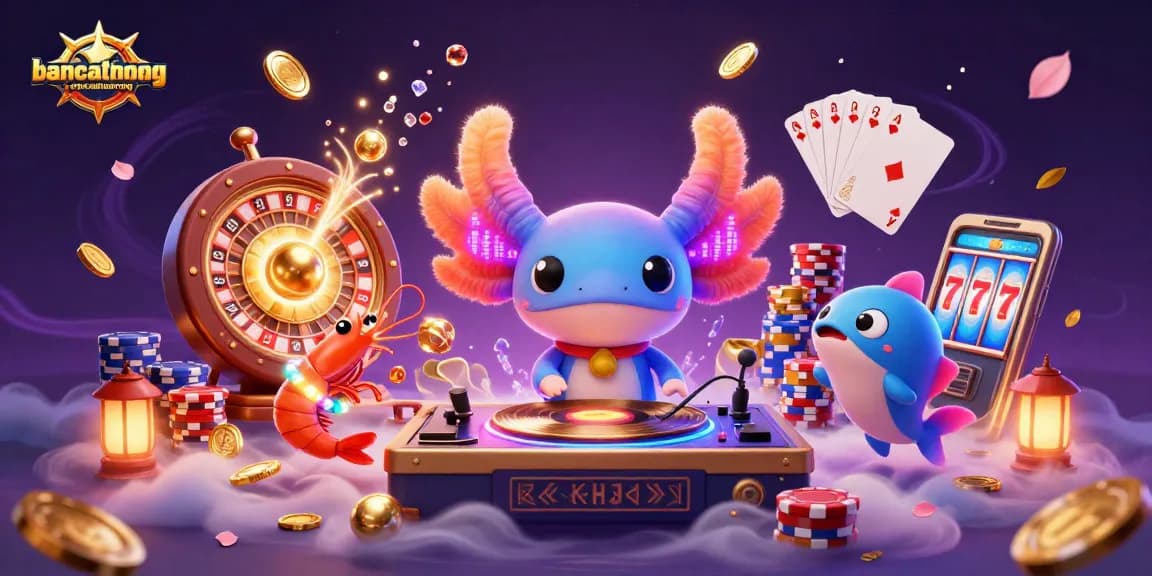 Play and win with bancathanrong in a vibrant casino scene featuring dancing axolotls and glowing shrimp
