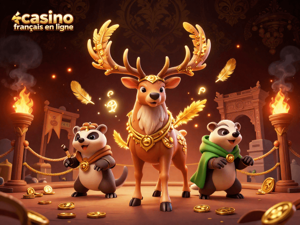 Jouez sur un casino français en ligne avec une scène immersive mettant en avant un cerf druidique et un blaireau sage.