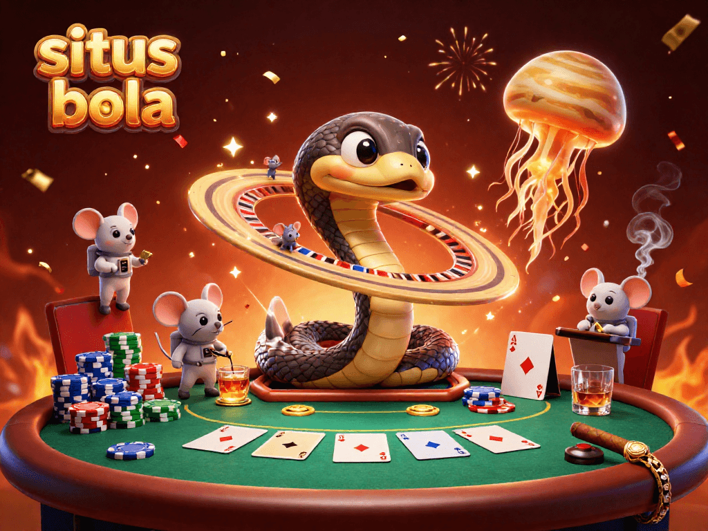 Bet on situs judi bola with exciting games like poker, featuring vibrant 3D renderings and dynamic characters.