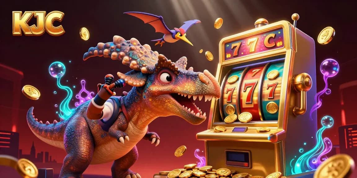 KJC jackpot moment with cartoon dinosaurs and a golden slot machine paying out coins.