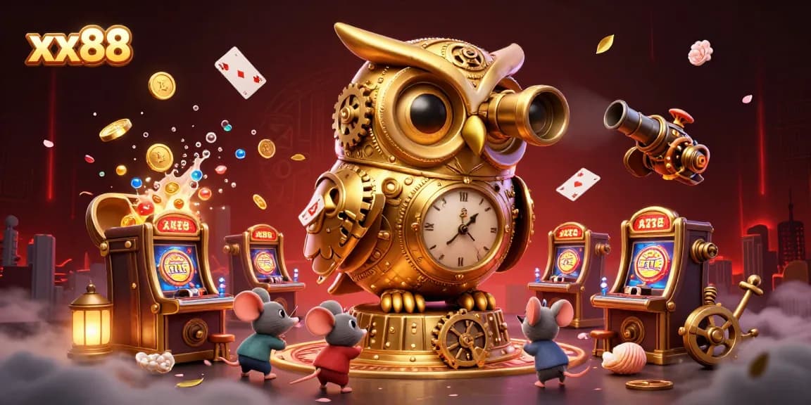 Experience the vibrant energy of casino gaming with xx88's cartoon owl and mouse patrons amidst slot machines.