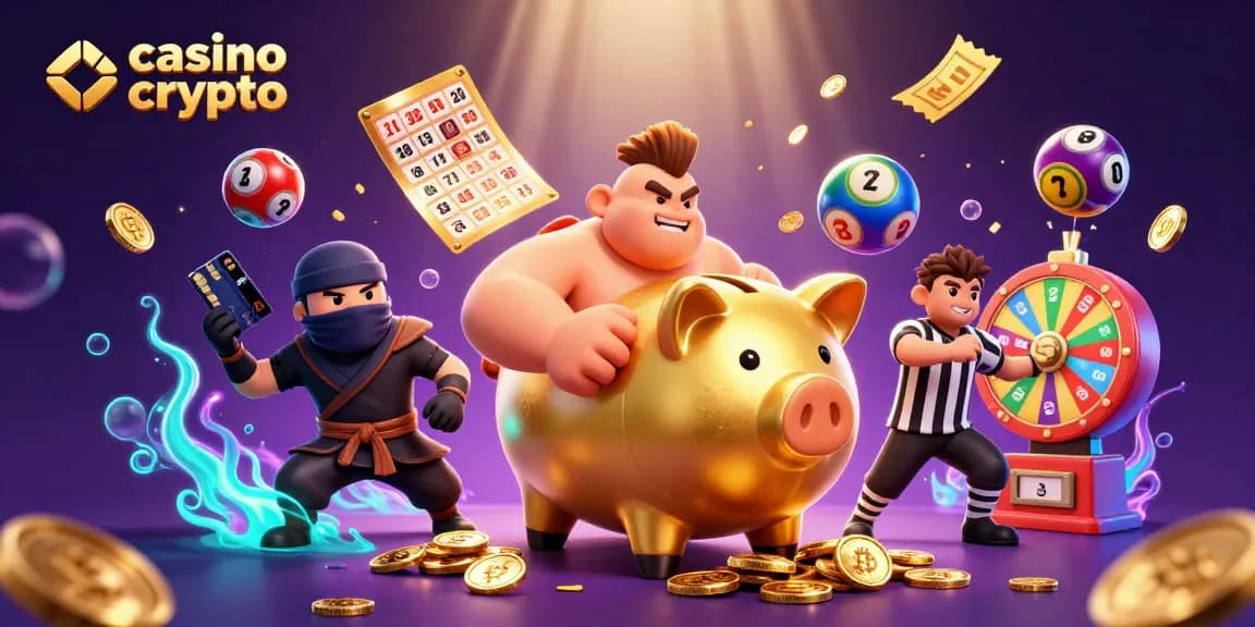 Une illustration de casino crypto dynamique, avec un gros cochon tirelire sumo frappant le sol, des pièces d'or tombant, des éléments de blockchain et des boules de loterie colorées.