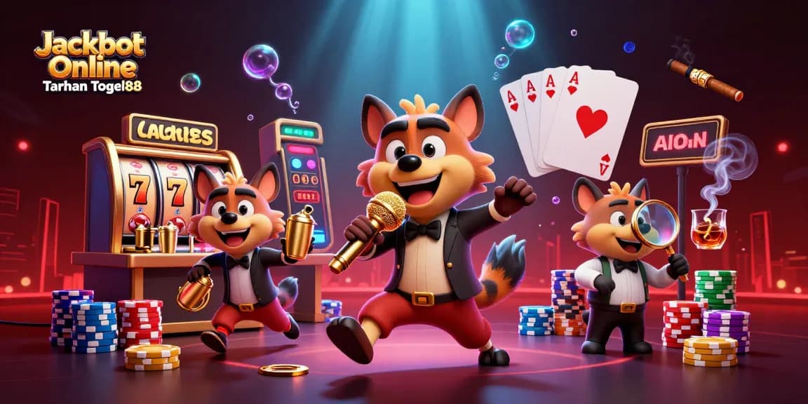 Jackpot Online Taruhan Togel88 features vibrant hyenas in a casino scene with slot machines and poker chips.