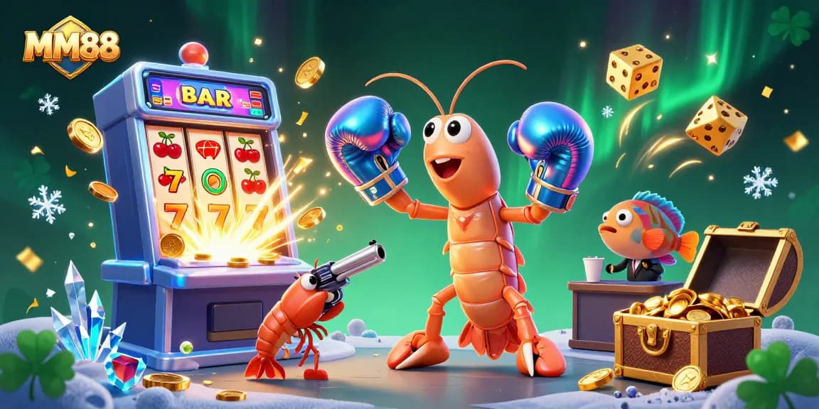 Experience the thrill of MM88 with a vibrant casino scene featuring the mantis shrimp puncher and friends.