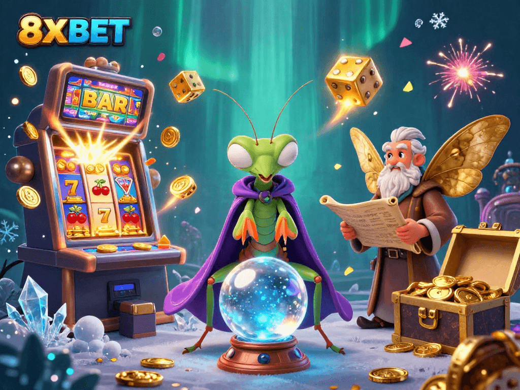 Experience thrilling slots and casino games with 8XBET in this vibrant 3D illustration.